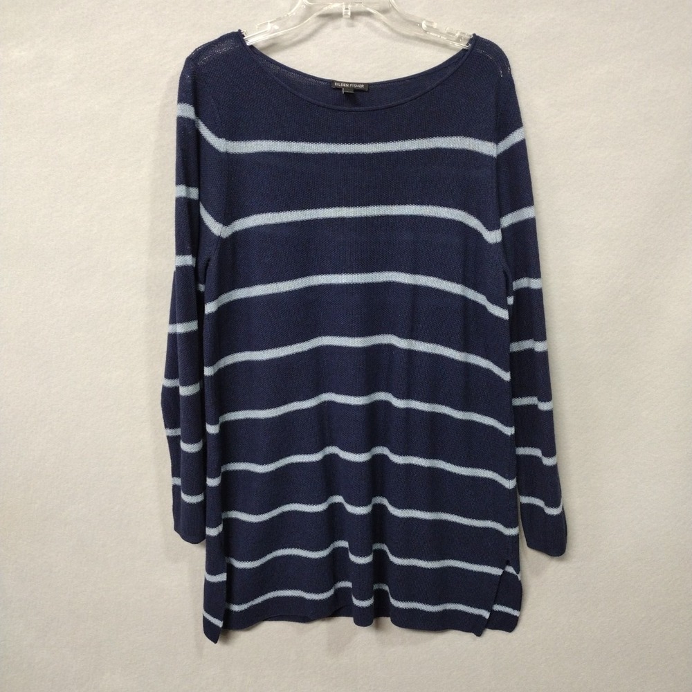 Eileen Fisher Knit Tunic Sweater Women's M Long Sleeve Lightweight Blue Stripe